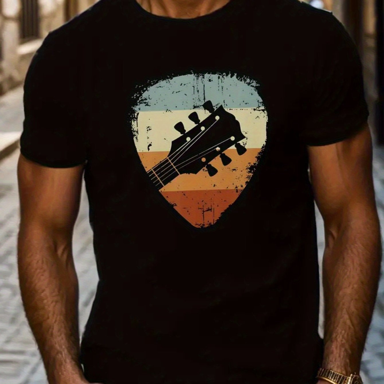 Guitar Printed Round Neck Men's T-Shirt
