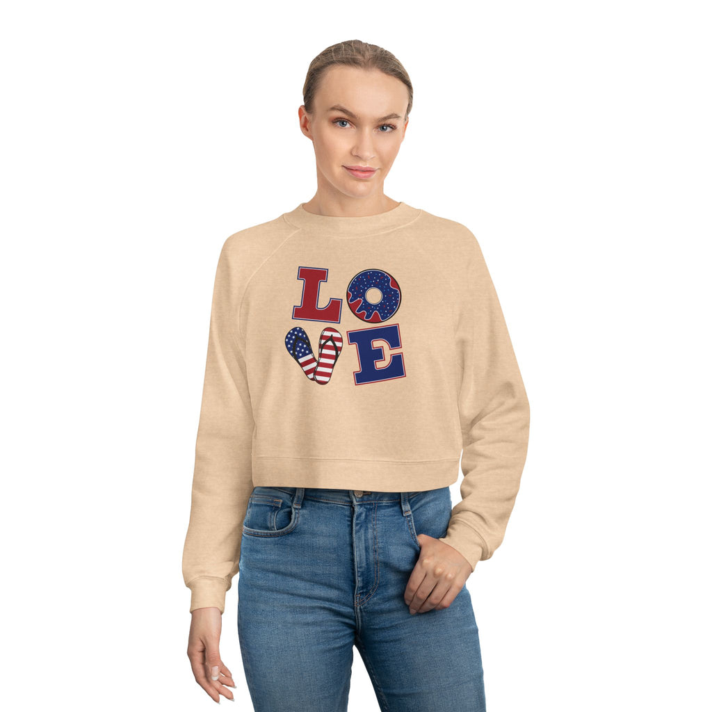 Womens Patriotic Love Cropped Sweatshirt USA Flag Graphic Pullover