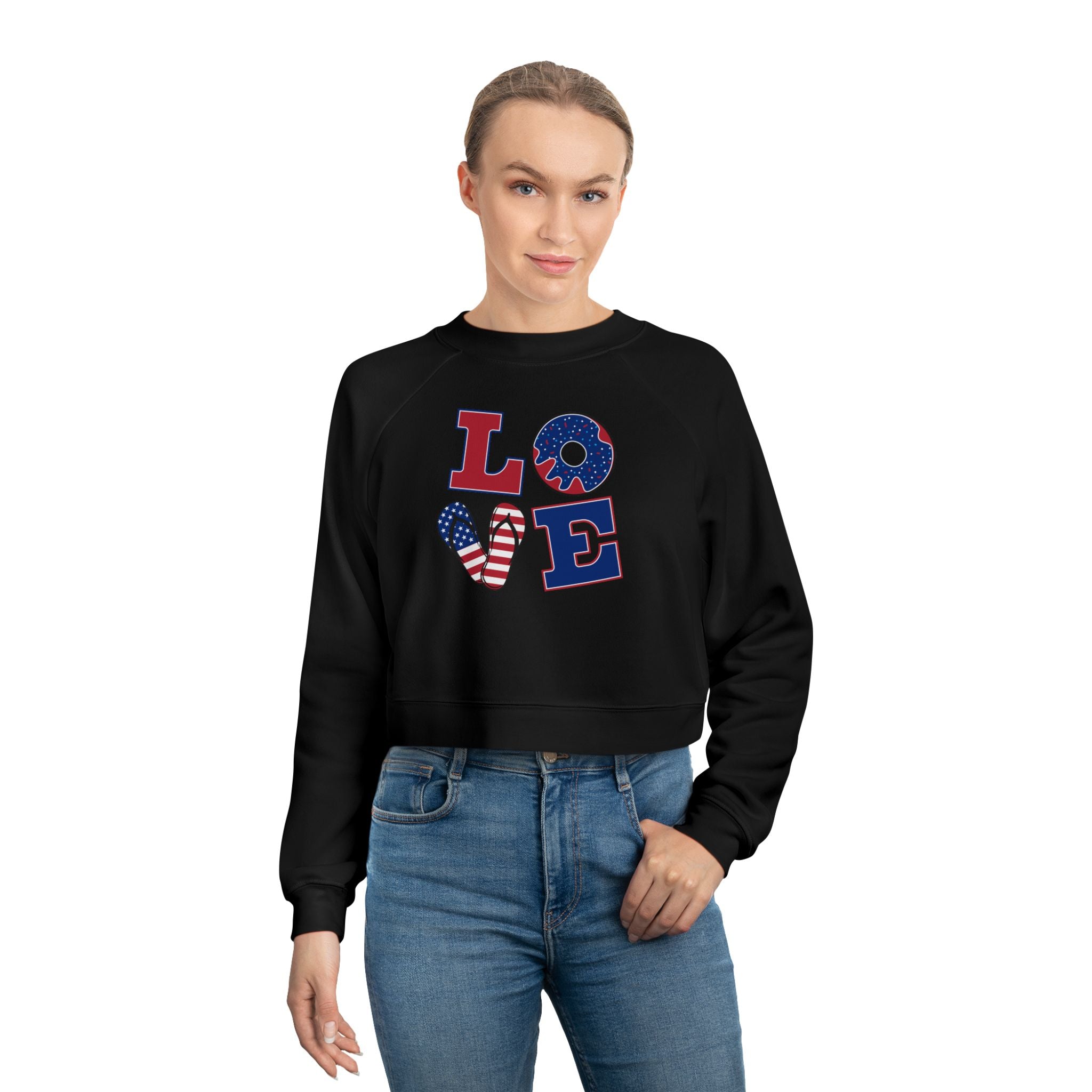Womens Patriotic Love Cropped Sweatshirt USA Flag Graphic Pullover