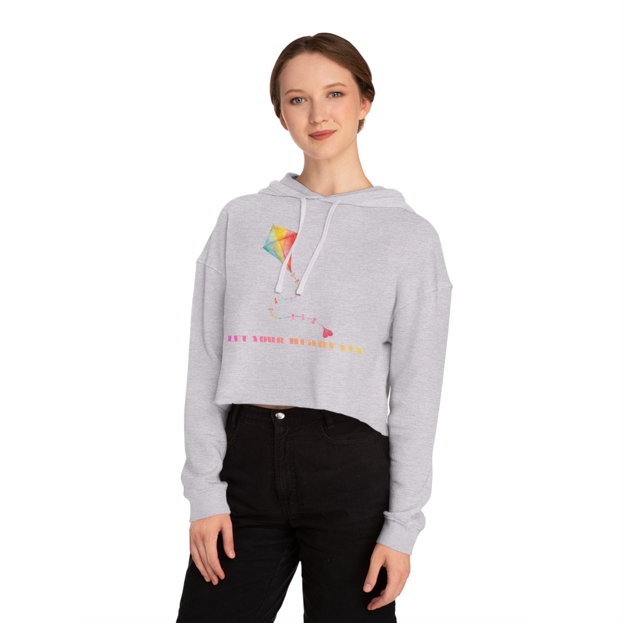 Let Your Heart Fly Cropped Hoodie for Women | Cute Heart Kite Graphic Casual Cozy Sweatshirt