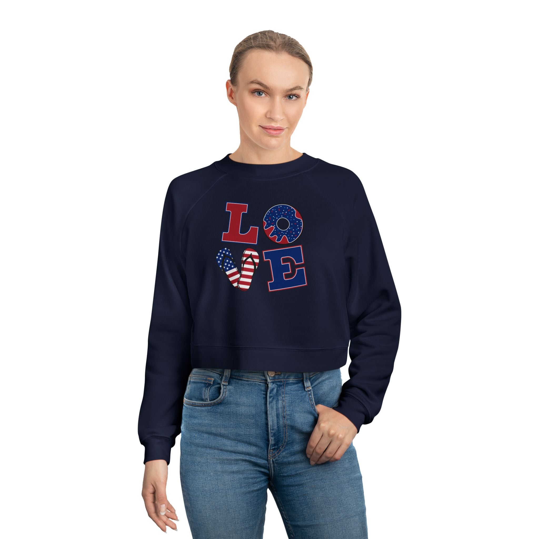 Womens Patriotic Love Cropped Sweatshirt USA Flag Graphic Pullover