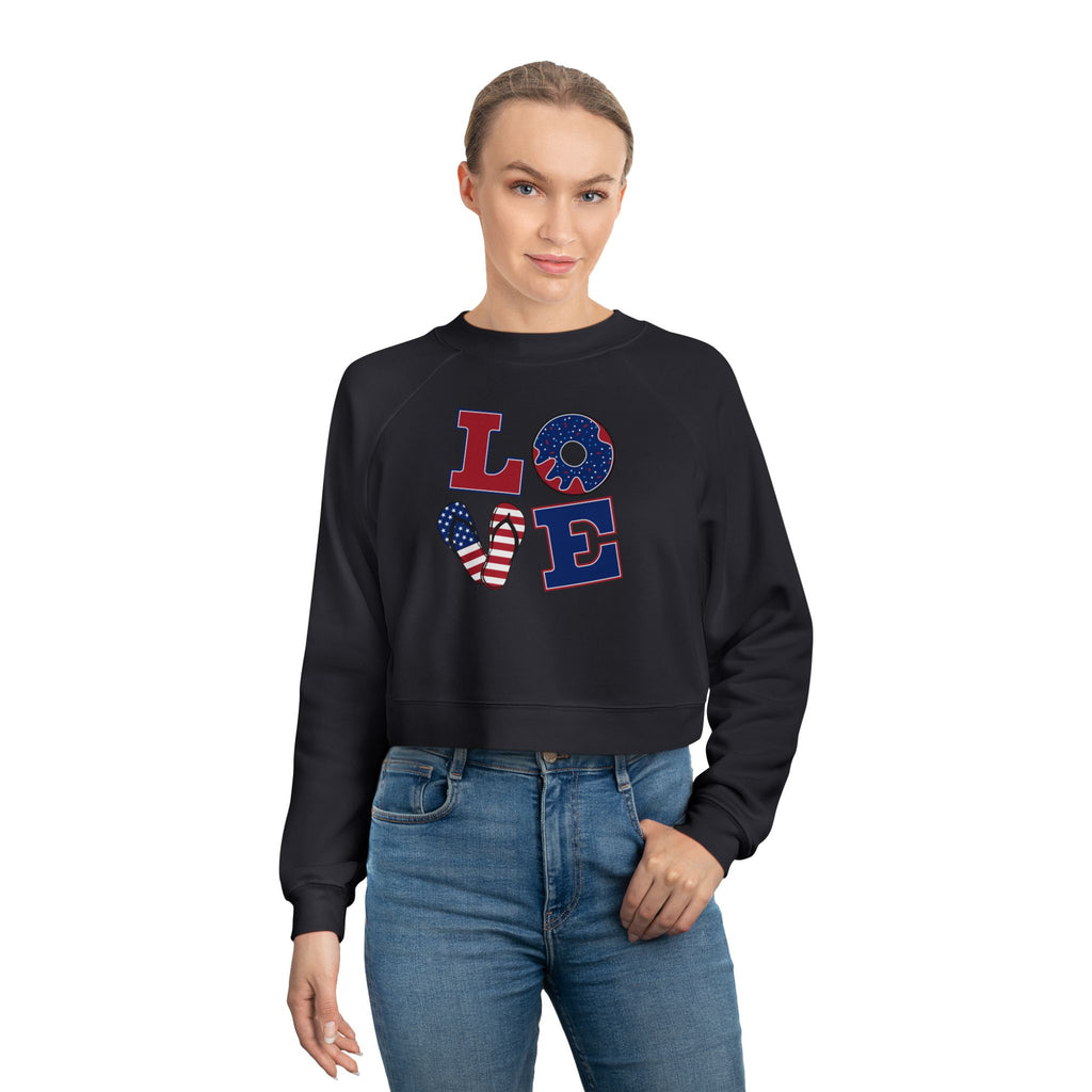 Womens Patriotic Love Cropped Sweatshirt USA Flag Graphic Pullover