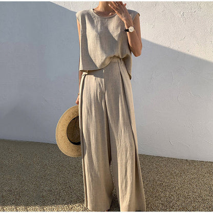 Cotton And Linen Casual Sleeveless Top Wide Leg Pants Two-piece Set