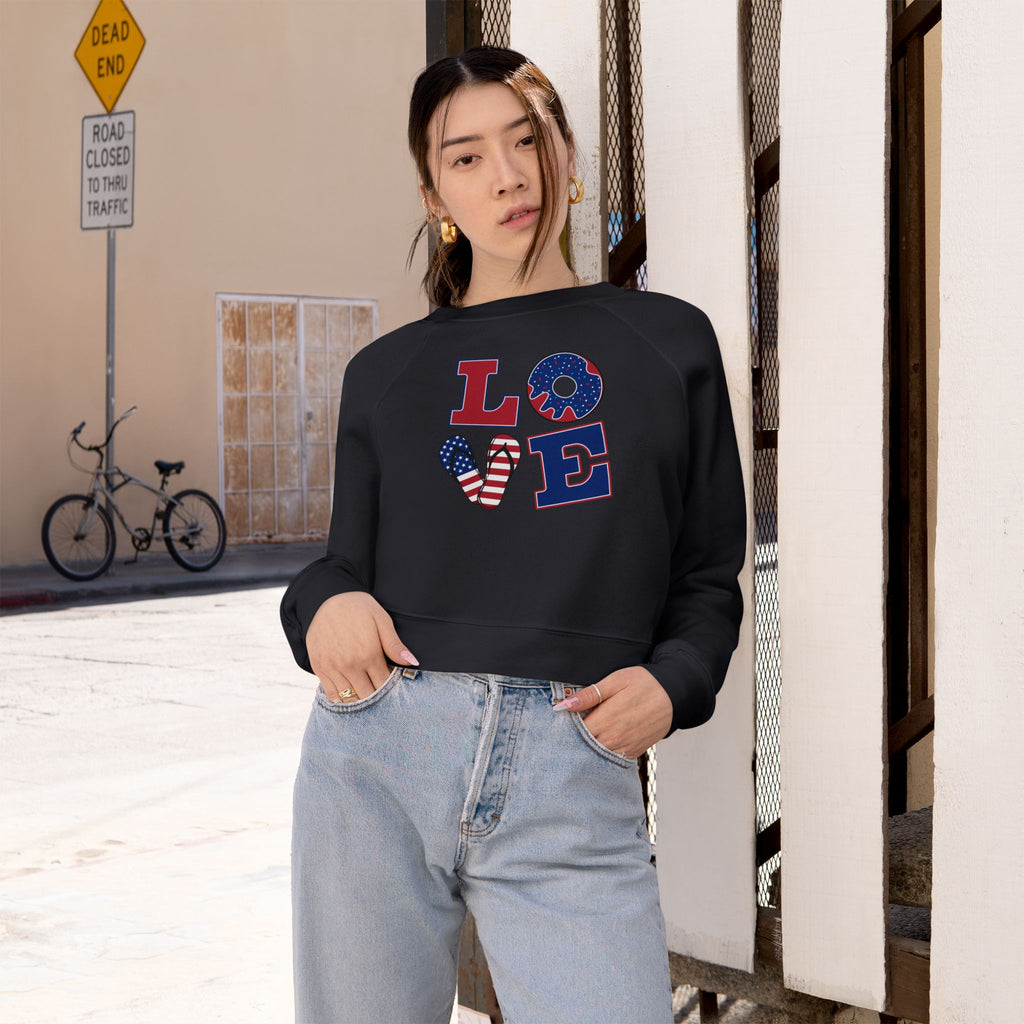 Womens Patriotic Love Cropped Sweatshirt USA Flag Graphic Pullover