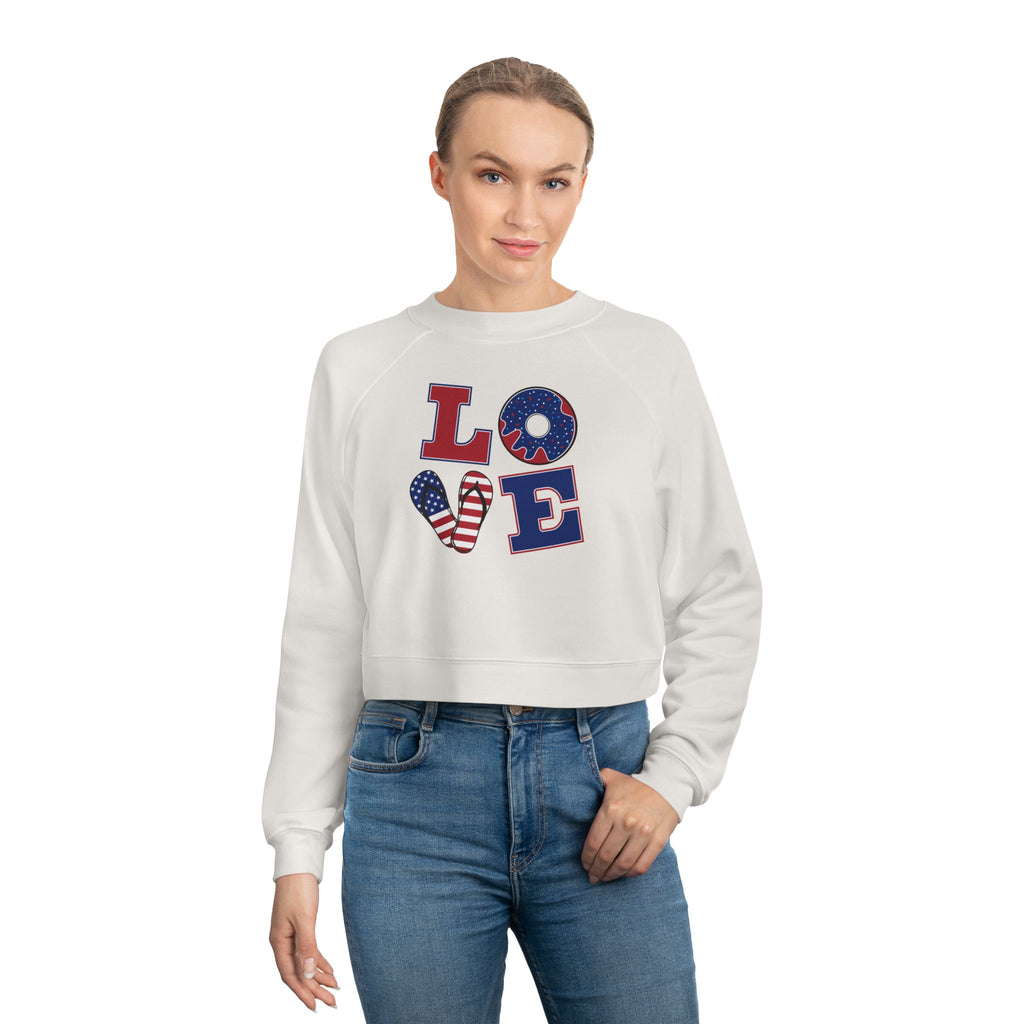 Womens Patriotic Love Cropped Sweatshirt USA Flag Graphic Pullover