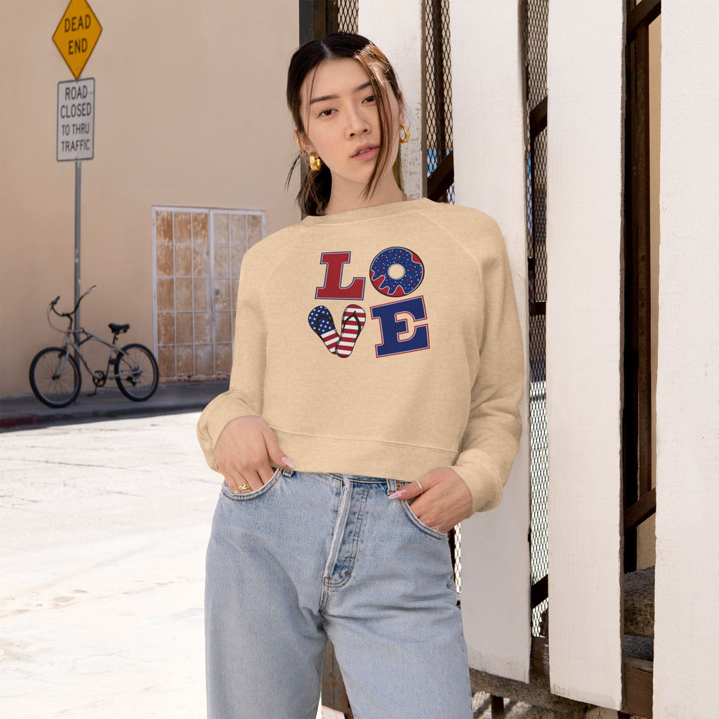 Womens Patriotic Love Cropped Sweatshirt USA Flag Graphic Pullover