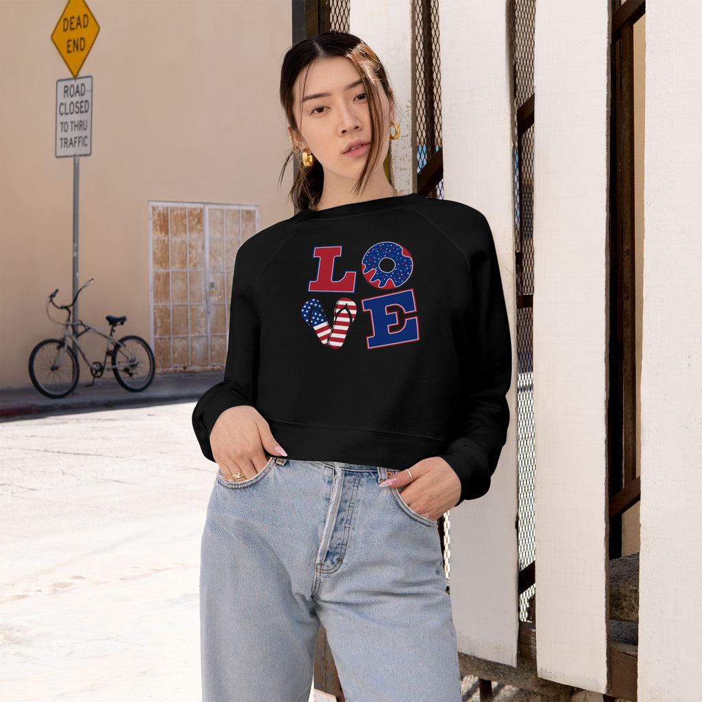 Womens Patriotic Love Cropped Sweatshirt USA Flag Graphic Pullover
