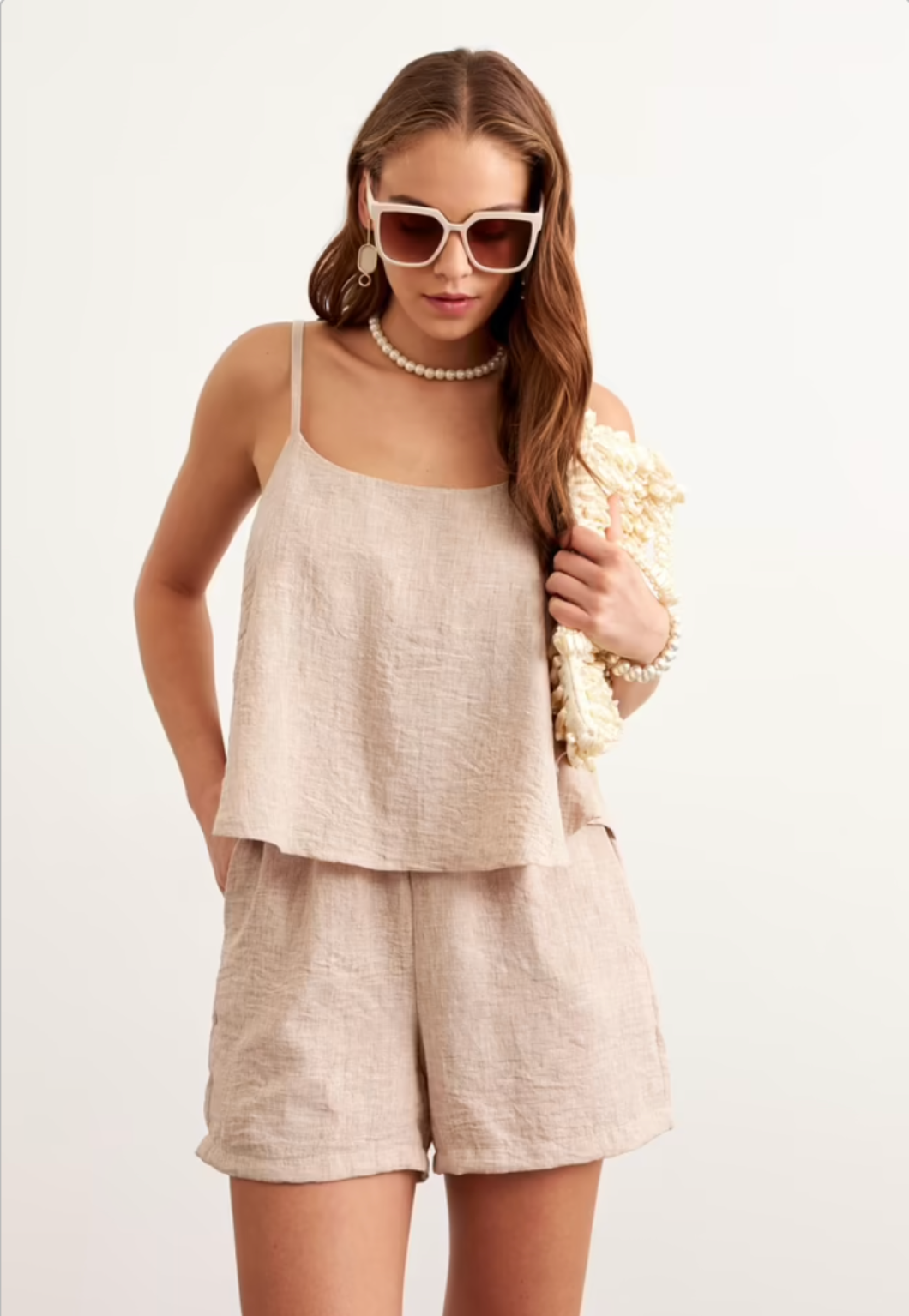 Askılı Keten Crop Bluz