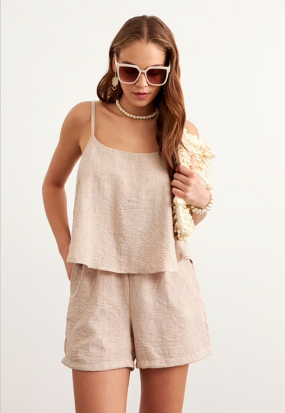Askılı Keten Crop Bluz