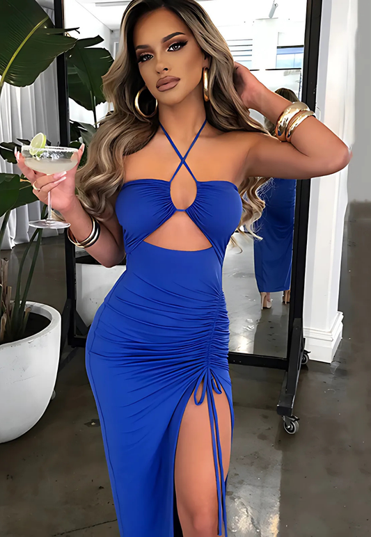 Y2K Halter Neck Lace-Up Maxi Dress with Side Split