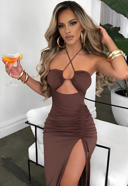 Y2K Halter Neck Lace-Up Maxi Dress with Side Split