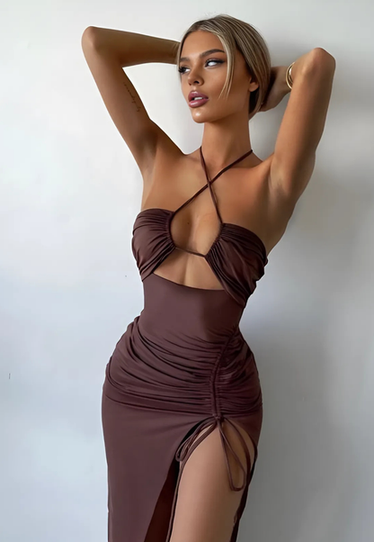 Y2K Halter Neck Lace-Up Maxi Dress with Side Split