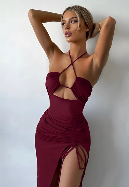 Y2K Halter Neck Lace-Up Maxi Dress with Side Split